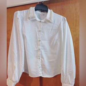 White Blouse with Pearl Embellished Collar